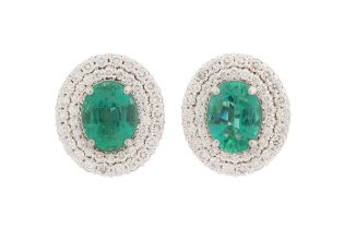 A PAIR OF EMERALD AND DIAMOND EARRINGS