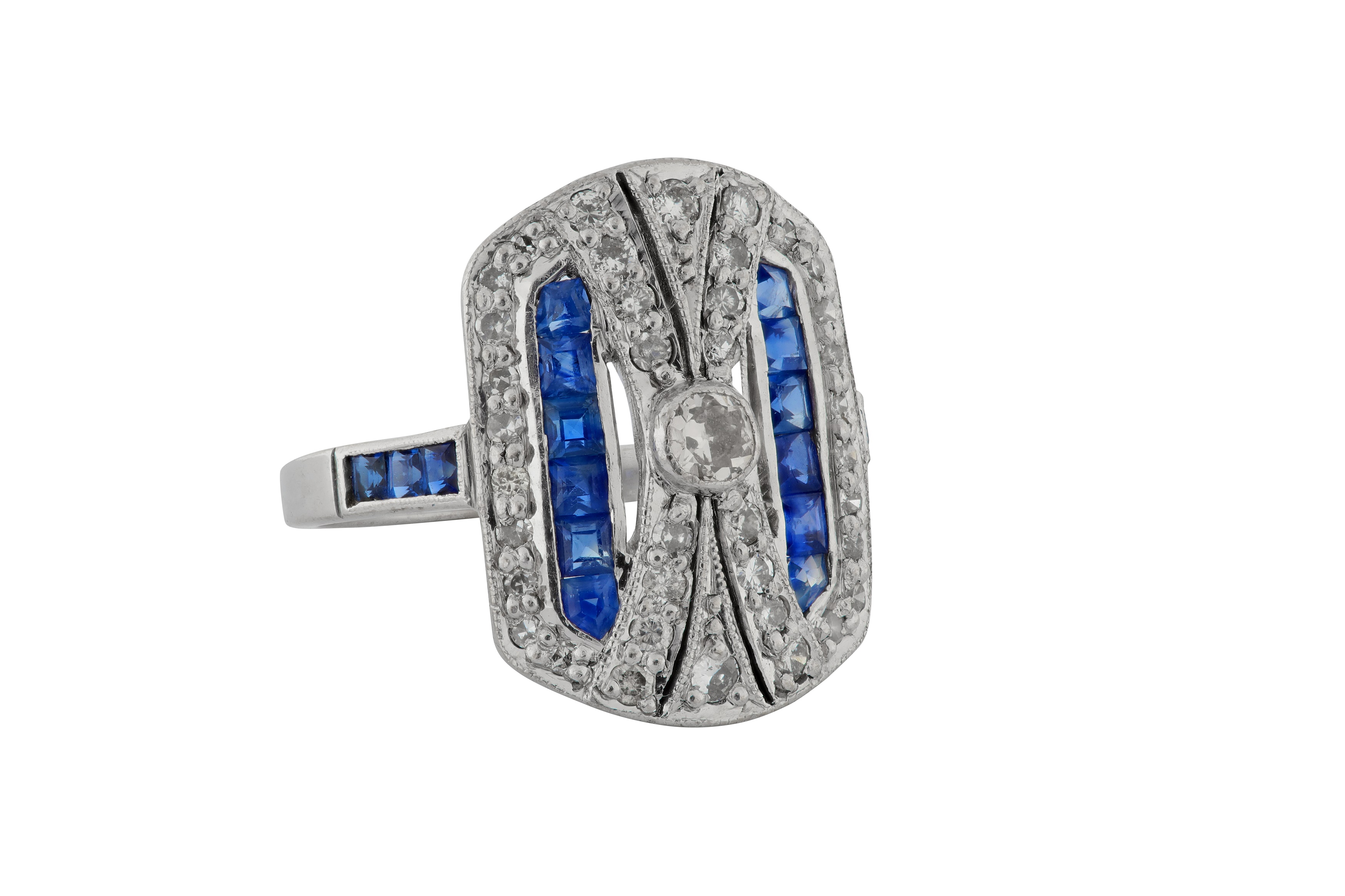 A SAPPHIRE AND DIAMOND GEOMETRIC RING - Image 2 of 4