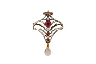 CARLO & ARTHUR GIULIANO Ι A RUBY, GARNET, DIAMOND, PEARL AND ENAMEL BROOCH