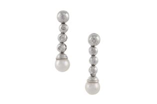 A PAIR OF CULTURED PEARL AND DIAMOND PENDENT EARRINGS