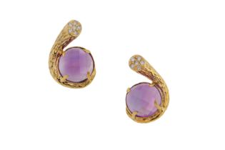 A PAIR OF AMETHYST and DIAMOND EARRINGS