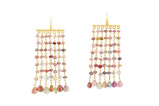 A PAIR OF MULTI-COLOURED SAPPHIRE EARRINGS