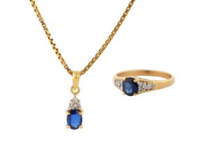A SAPPHIRE AND DIAMOND RING AND PENDANT