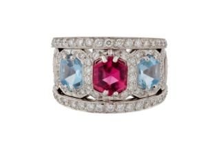 A TOURMALINE, AQUAMARINE AND DIAMOND DRESS RING