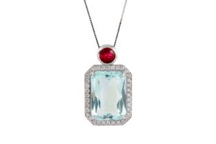 AN AQUAMARINE, RUBY AND DIAMOND PENDANT NECKLACE