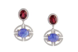 A PAIR OF TOURMALINE AND TANZANITE PENDENT EARRINGS