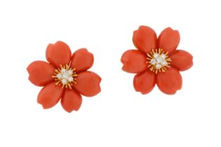 λ A PAIR OF CORAL AND DIAMOND EARRINGS