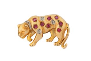 A RUBY AND DIAMOND PANTHER BROOCH, CIRCA 1988