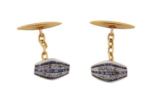 A PAIR OF DIAMOND AND SAPPHIRE CUFFLINKS