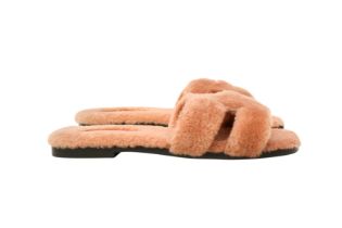 Hermes Rose Aube Shearling Oran Sandal