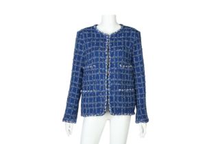Chanel Blue Boucle Collarless Jacket - Size 40