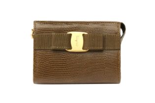 λ Ferragamo Khaki Lizard Vara Bow Pouch