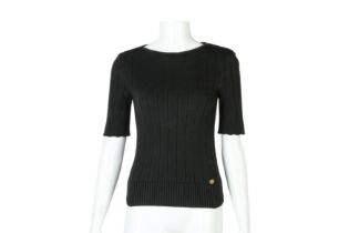 Chanel Black Cotton Short Sleeve Knit Top - Size 38