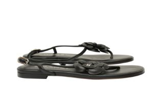 Chanel Black CC Camellia Flat Sandal -Size 37.5