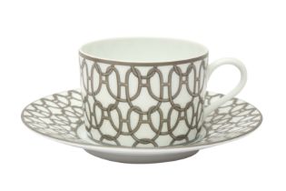 Hermes 'Fil d'Argent' White Teacups and Saucers
