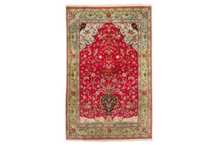 AN EXTREMELY FINE SILK QUM PRAYER RUG, CENTRAL PERSIA