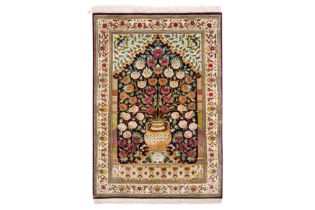 AN EXTREMELY FINE SILK QUM PRAYER RUG, CENTRAL PERSIA