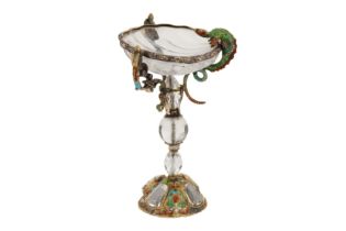 A late 19th century Austrian unmarked silver gilt, rock crystal, and enamel figural bowl or salt, Vi