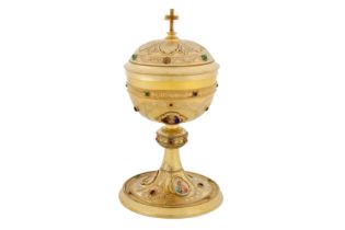 An early 20th century Austrian 800 standard silver gilt and enamel ecclesiastical ciborium, possibly