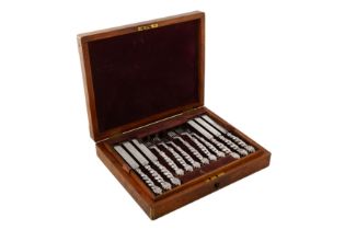 A cased Victorian sterling silver fruit eaters set, London 1865 by Francis Higgins