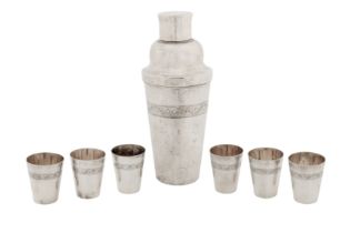 An early 20th century Chinese export silver cocktail shaker and cups, Shanghai circa 1930