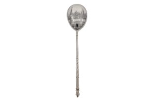 A late 19th / early 20th century Russian 84 zolotnik silver and niello spoon, Moscow 1898-1908 by CM