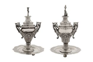 A pair of mid-19th century Ottoman Turkish silver candy or incense vases, Tughra of Sultan Abdul Mec