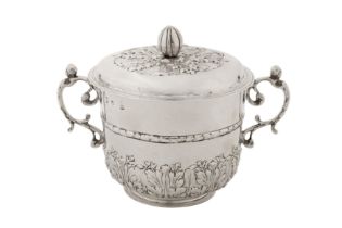 A Charles II sterling silver porringer and cover, London 1677 by John Ruslen (free. 1664, d. 1717)