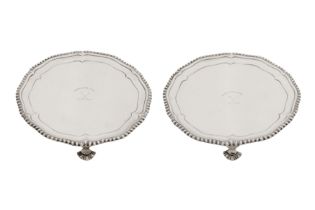 A pair of George III Scottish sterling silver waiters, Edinburgh 1773 by Alexander Gardner