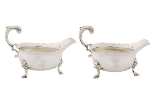 A pair of George II sterling silver sauce boats, London 1748 by John Pollock