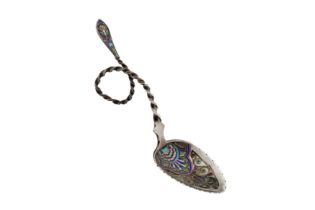 An early 20th century Norwegian silver and enamel caddy spoon, Bergen circa 1910 by Marius Hammer