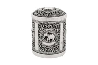 An early 20th century Ceylonese (Sri Lankan) unmarked silver cannister, Kandy circa 1930