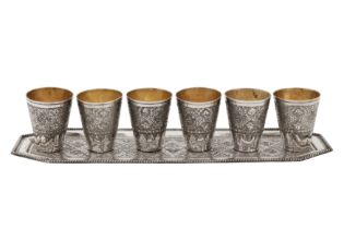 A set of mid-20th century Persian (Iranian) silver shot cups on tray, Isfahan circa 1970 by Seyyed H