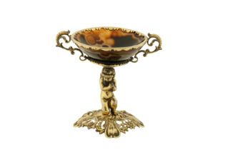 A late 19th century unmarked silver gilt and agate bowl on stand, probably German or Austrian