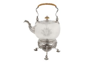 A George II sterling silver kettle upon burner stand, London 1735 by Edward Pocock (reg. 11th Dec 17