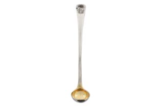 A Victorian sterling silver mustard spoon or ladle, London 1859 by John Samuel Hunt overstriking Geo