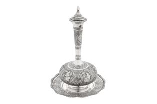 A mid-20th century Persian (Iranian) silver bottle on stand, Isfahan circa 1960