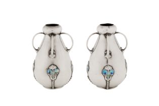 A pair of Edwardian art nouveau sterling silver and enamel posy vases, Birmingham 1906 by James Fent