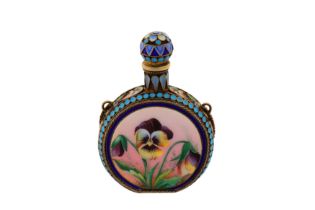 A Nicholas II early 20th century Russian enamel and 84 zolotnik silver gilt scent bottle, Moscow dat