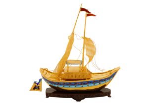 A late 20th century Chinese unmarked silver gilt and enamel model of junk, circa 1970