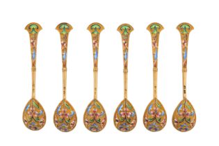 A set of six Nicholas II early 20th century Russian cloisonné enamel and 84 zolotnik silver gilt, Mo