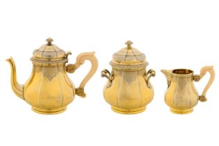 A late 19th century French 950 standard silver gilt three-piece tea service, Paris circa 1890 by Boi