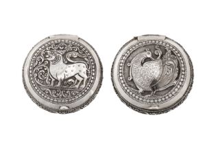 Two early to mid-20th century Ceylonese (Sri Lankan) unmarked silver compacts, Kandy circa 1940