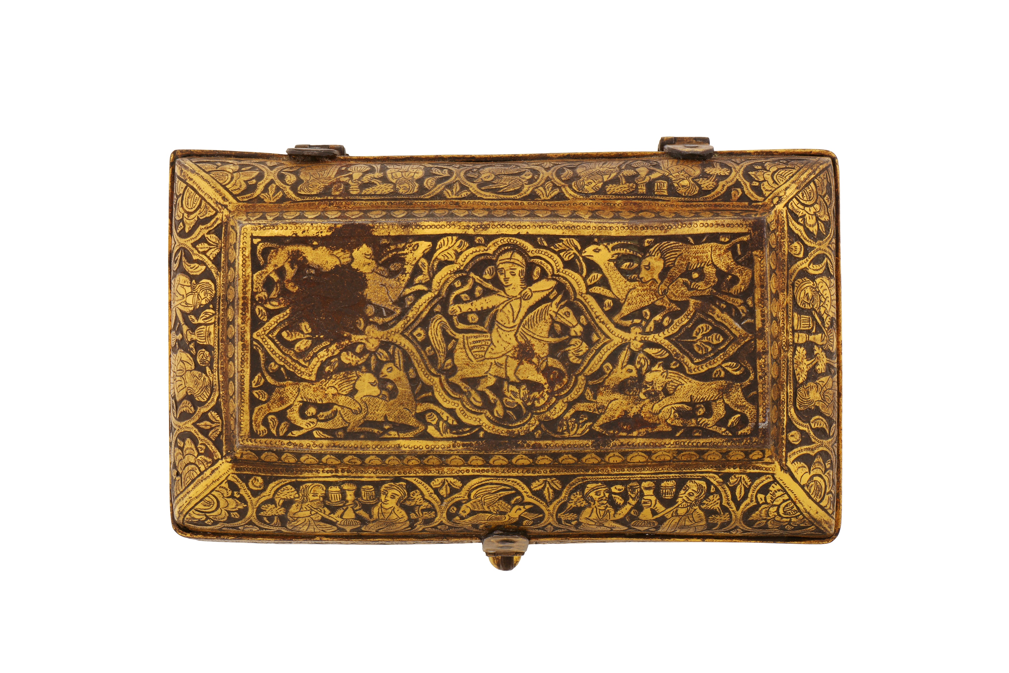 A FINE 19TH CENTURY PERSIAN QAJAR GOLD-DAMASCENED STEEL CASKET - Bild 7 aus 8