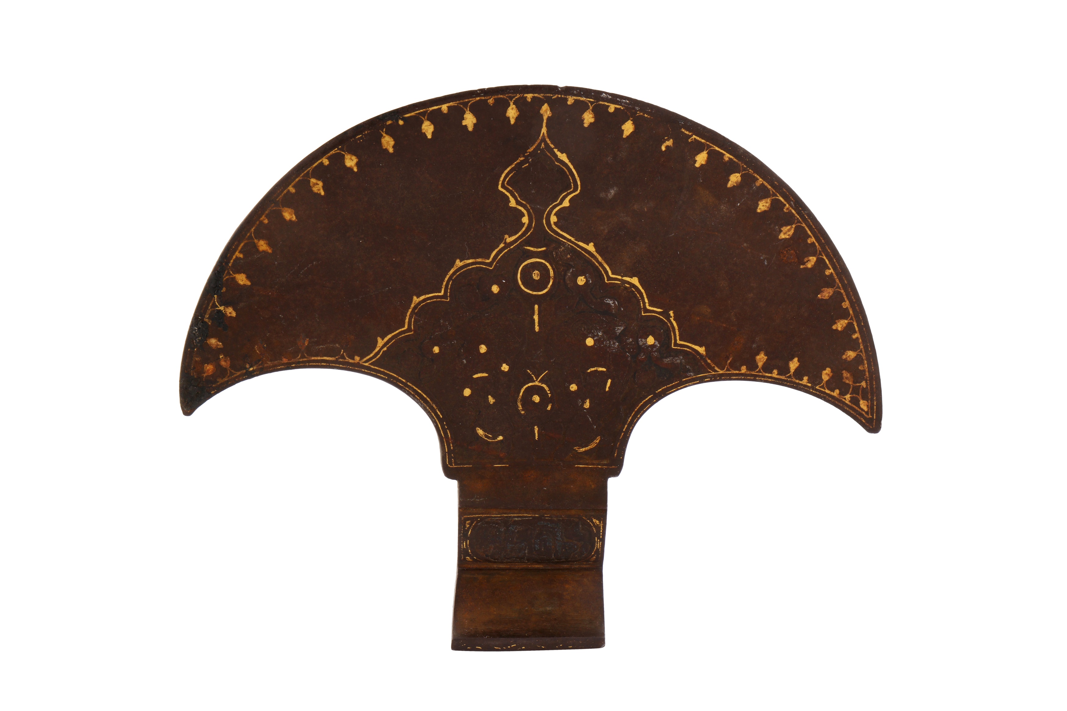 A 19TH CENTURY PERSIAN QAJAR GOLD-DAMASCENED STEEL TABAR AXE HEAD - Image 5 of 5