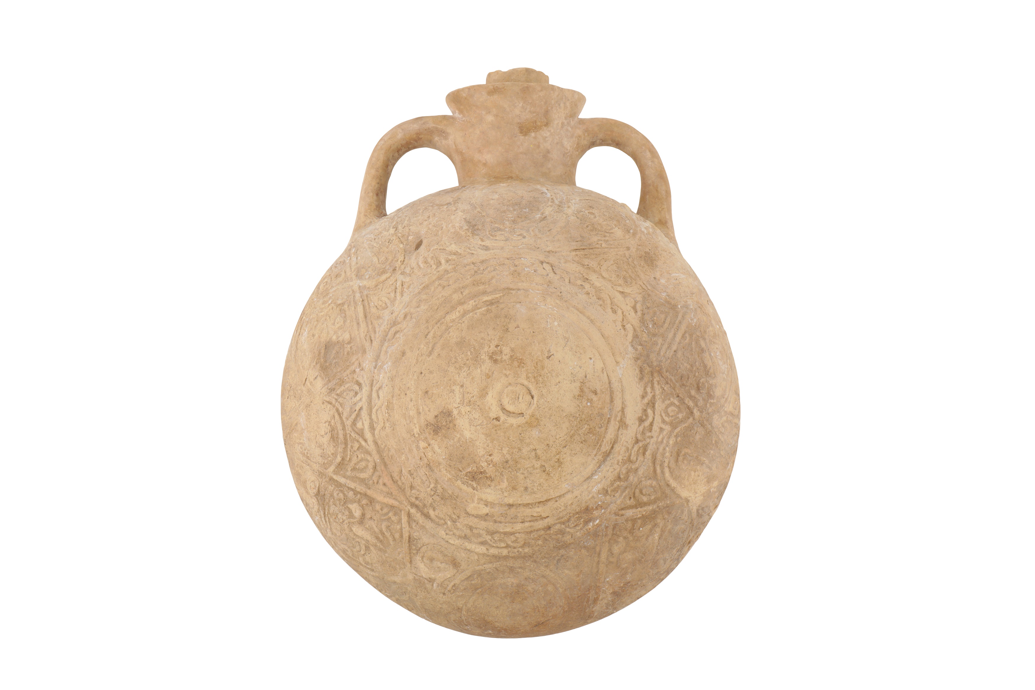 A 12TH-14TH CENTURY PERSIAN UNGLAZED MOULDED POTTERY PILGRIM FLASK