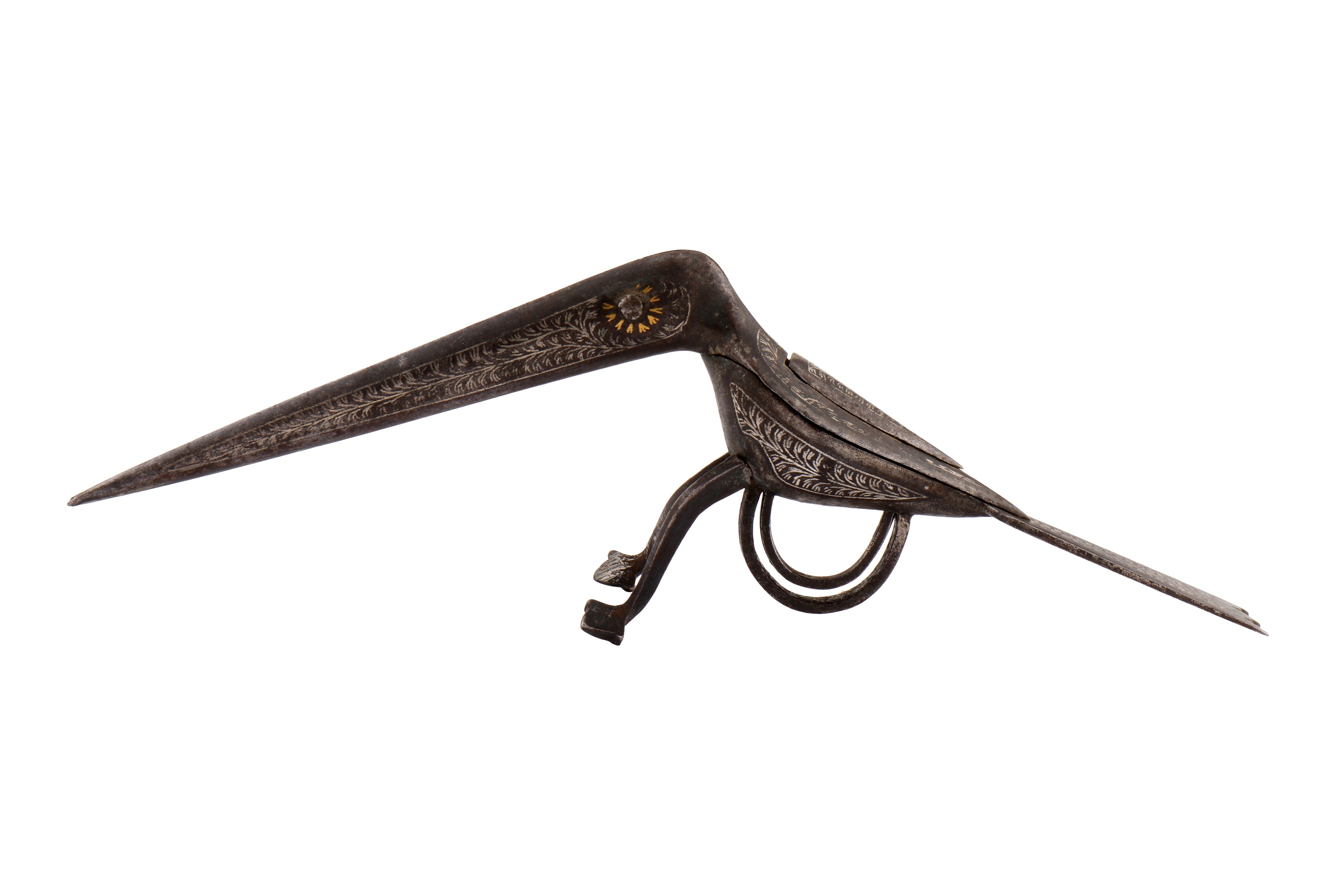 A PAIR 19TH CENTURY NORTH INDIAN KOFTGARI BIRD SHAPED CALLIGRAPHER'S SCISSORS