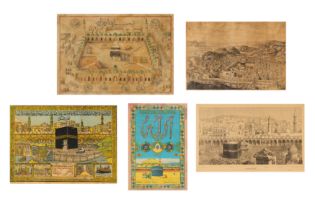 FIVE CHROMOLITHOGRAPHED HAJJ CERTIFICATES AND SOUVENIR POSTERS OF MECCA