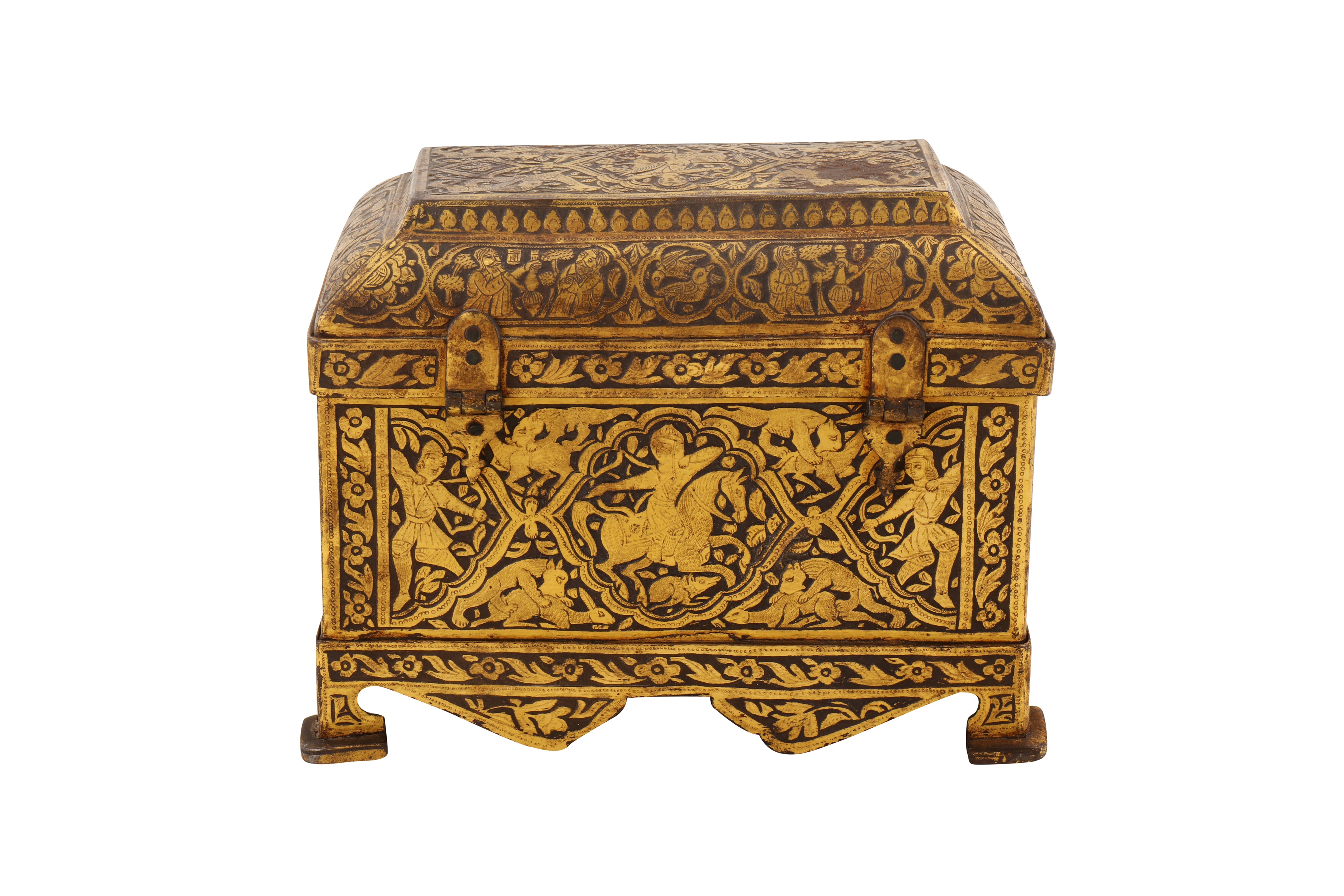 A FINE 19TH CENTURY PERSIAN QAJAR GOLD-DAMASCENED STEEL CASKET - Bild 4 aus 8