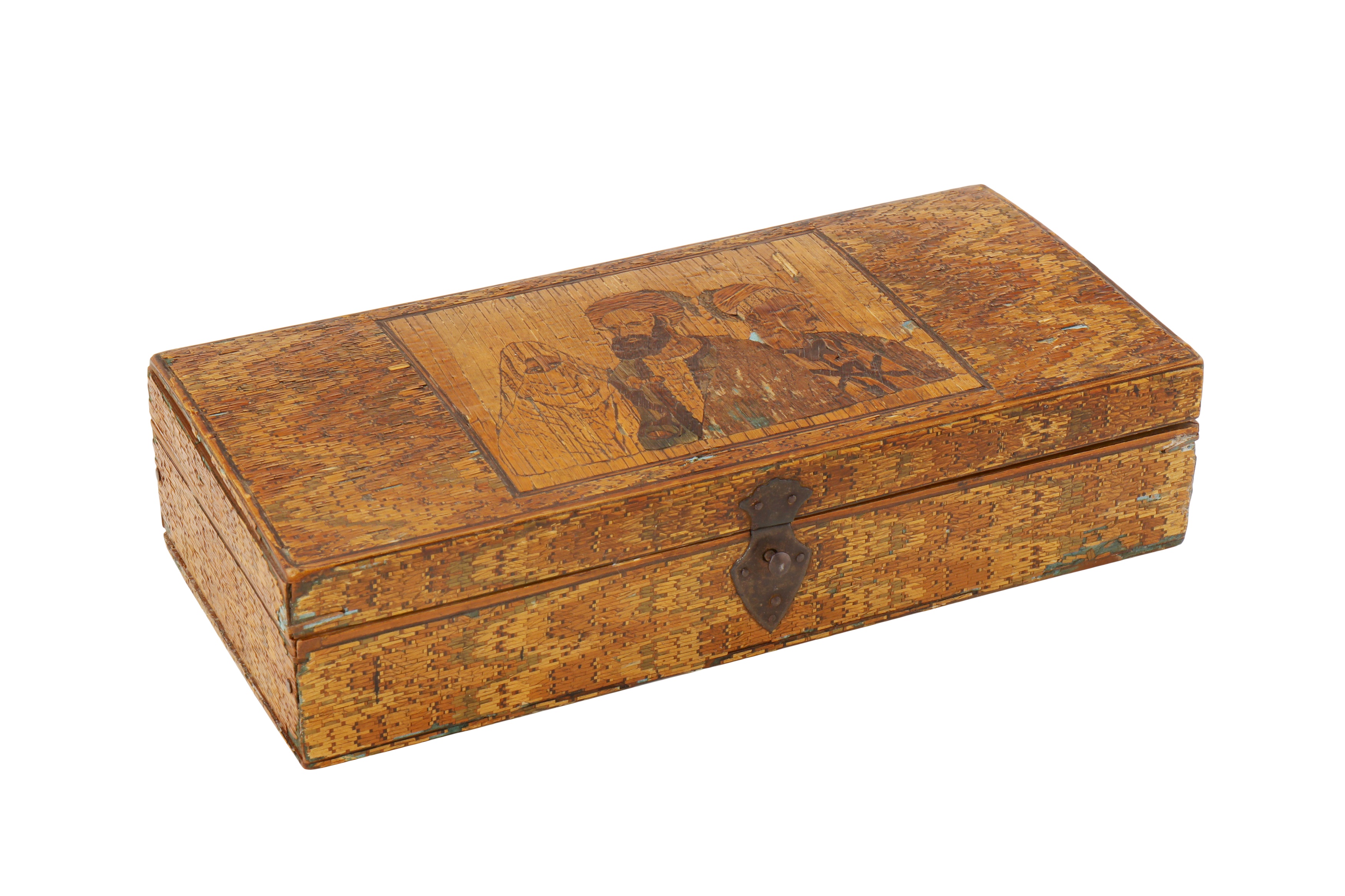 A VERY FINE 19TH CENTURY STRAW WORKED WOODEN BOX